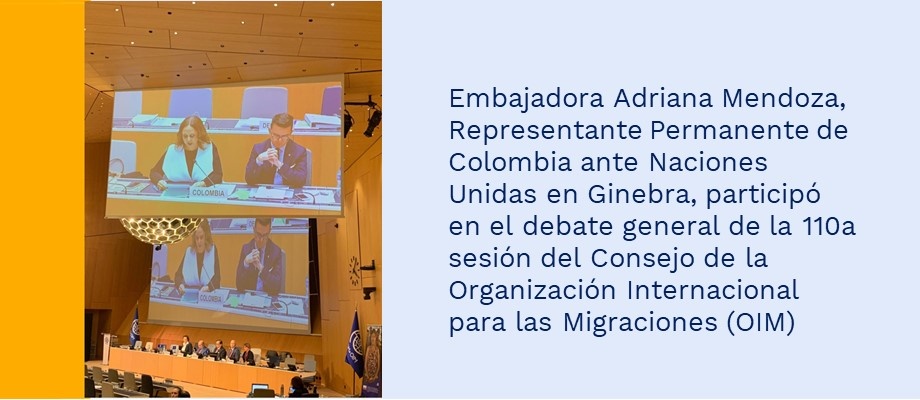 Embajadora Representante Permanente de Colombia ante Naciones Unidas en Ginebra, participó en el debate general del Consejo de la OIM