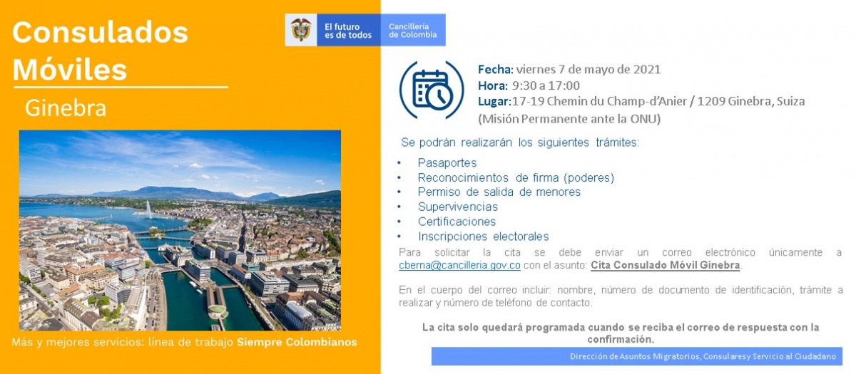 El Consulado de Colombia en Berna realizará la jornada de Consulado Móvil en Ginebra el 7 de mayo 
