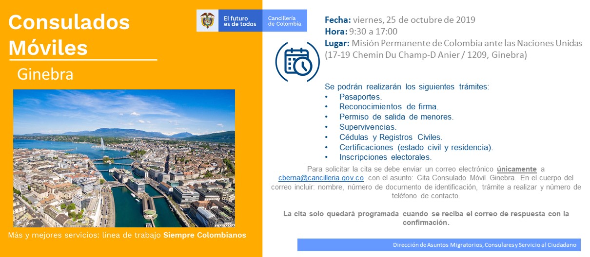 El 25 de octubre de 2019 se realizará el Consulado Móvil en Ginebra