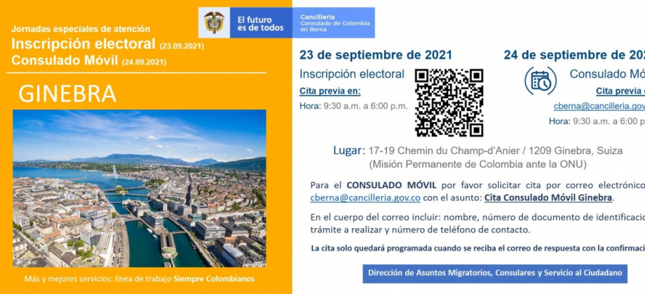 Configure Consulado de Colombia en Berna llegará a Ginebra con una jornada de inscripción electoral y un Consulado Móvil, los días 23 y 24 de septiembre 